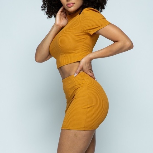 Mustard Crop Top Mini Skirt Two Piece Set - Picture 2 of 8